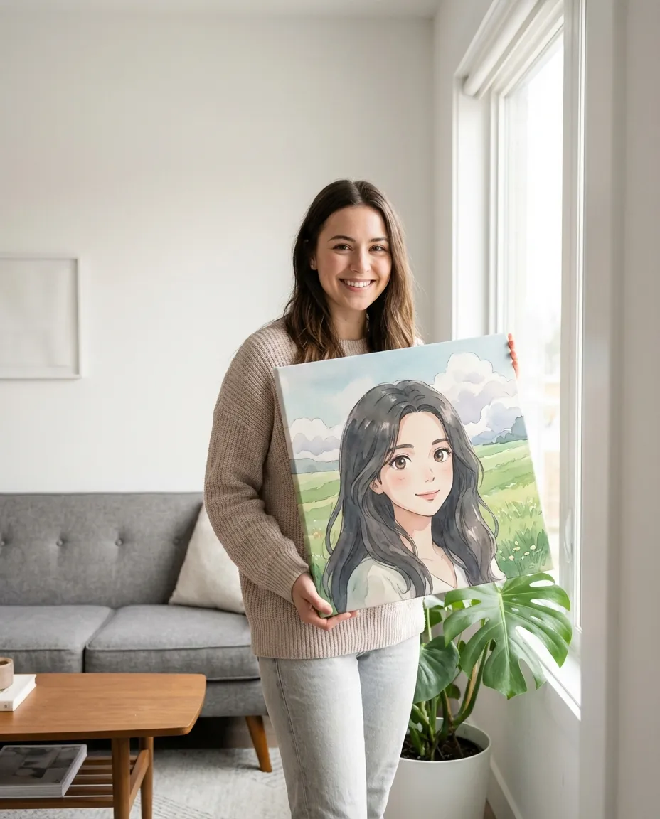 Woman holding her anime portrait canvas in a modern living room