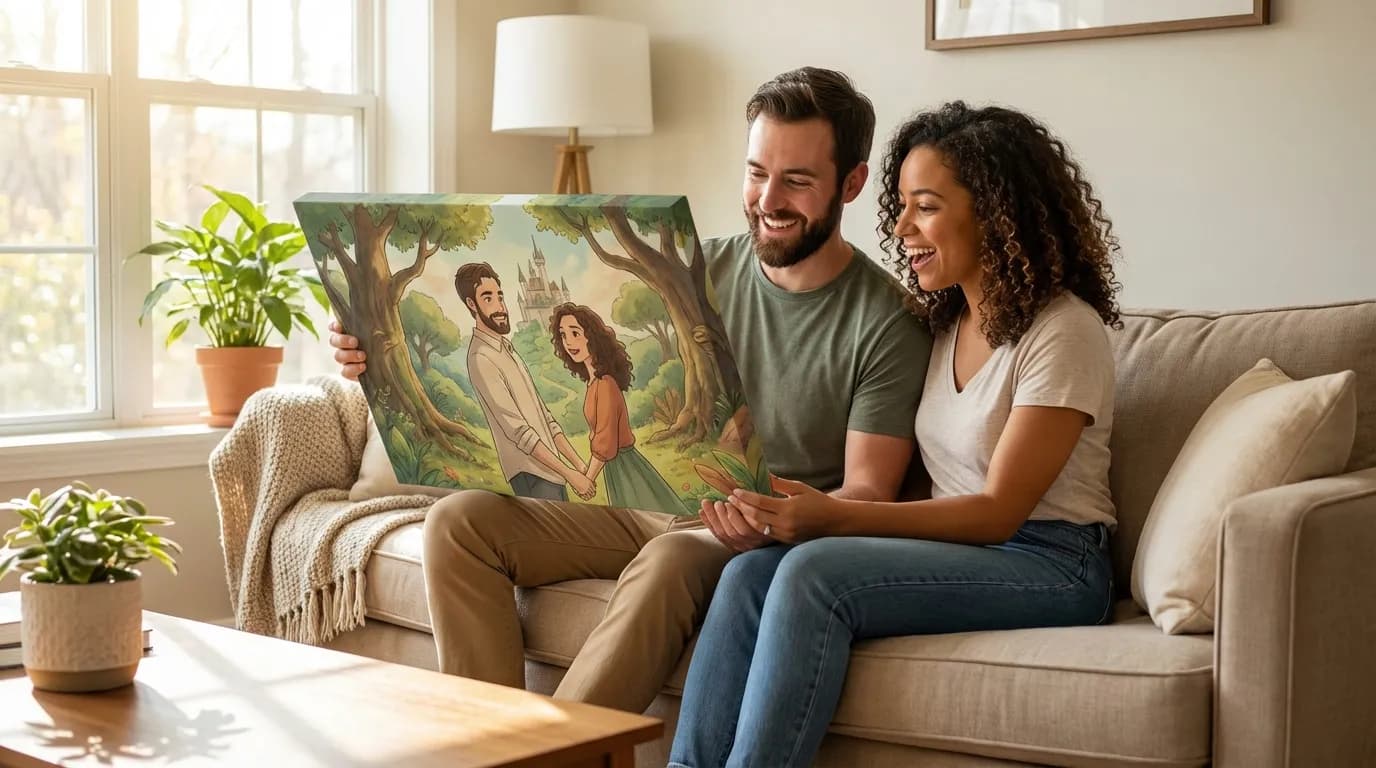 Happy couple sitting on sofa holding their anime couple portrait canvas