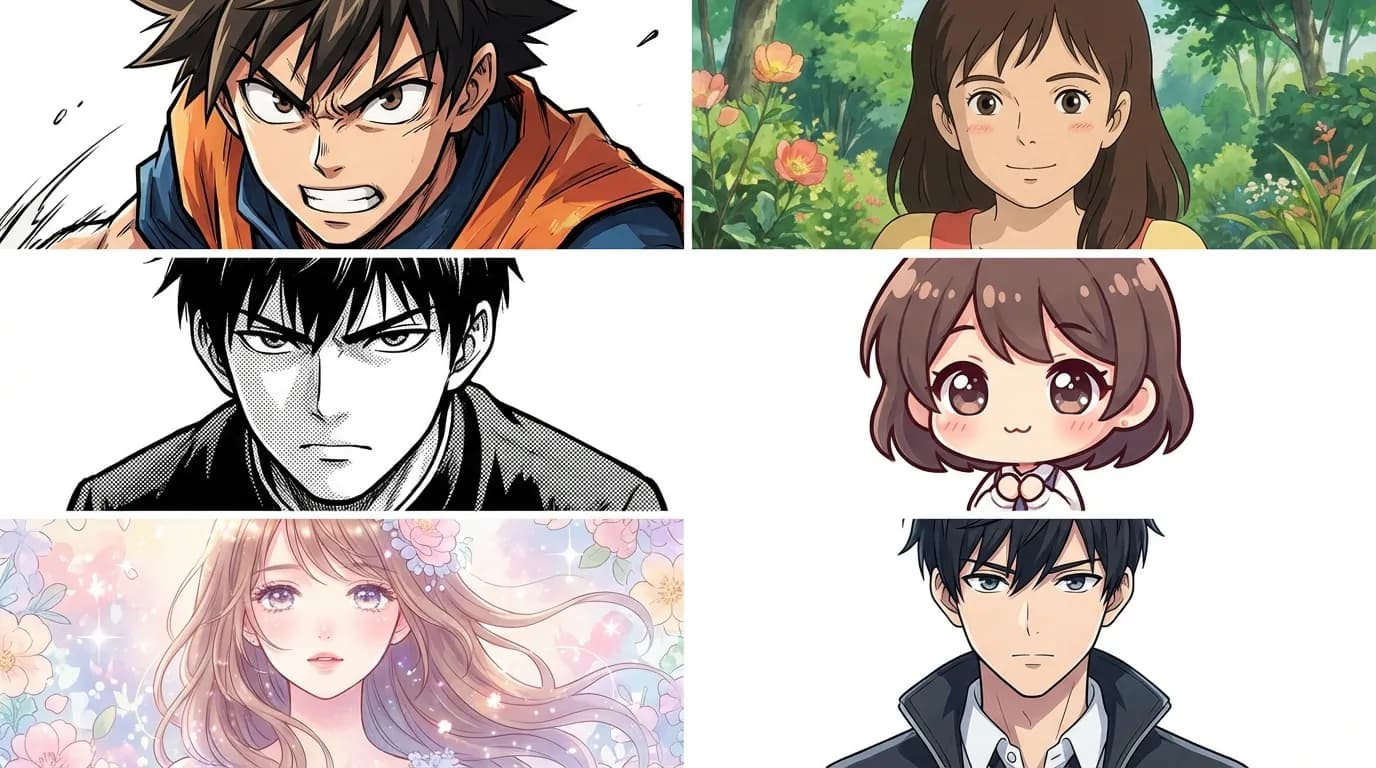 Six anime portrait sub-styles: shonen, Ghibli, manga, chibi, shoujo, and modern anime