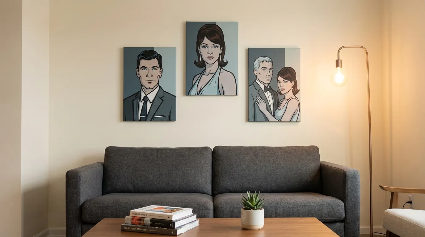 Gallery wall with Archer-style portrait canvas prints in a sleek modern apartment