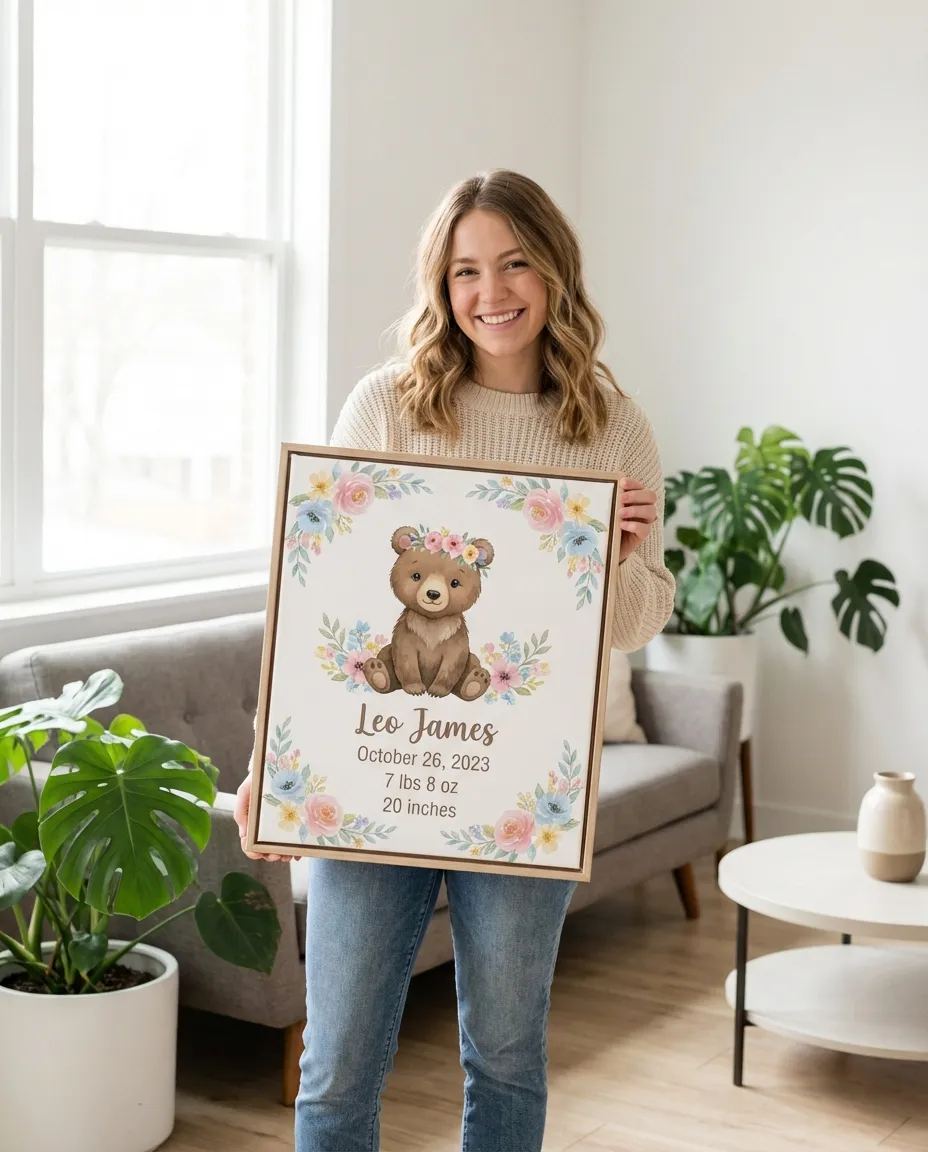 Baby birth stat poster canvas in a nursery