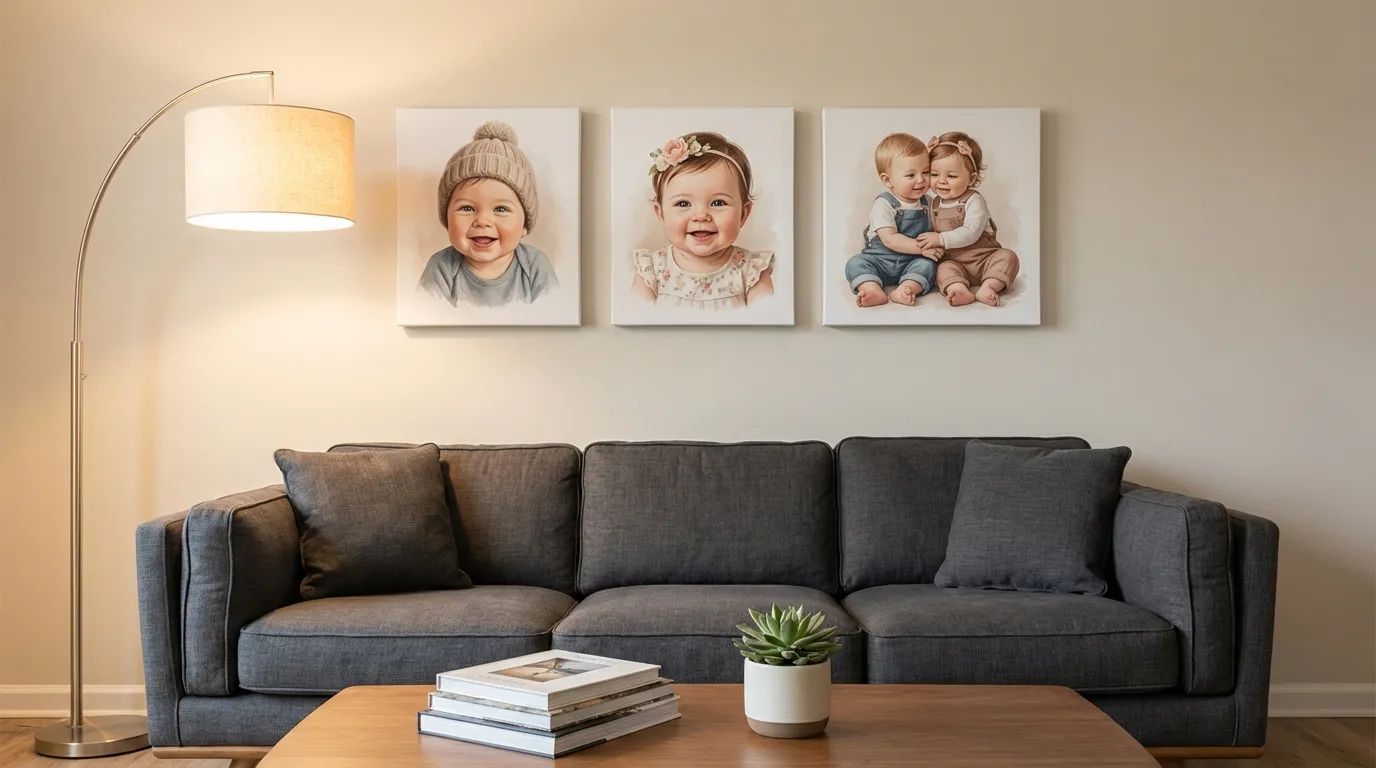 Gallery wall with baby portrait in nursery