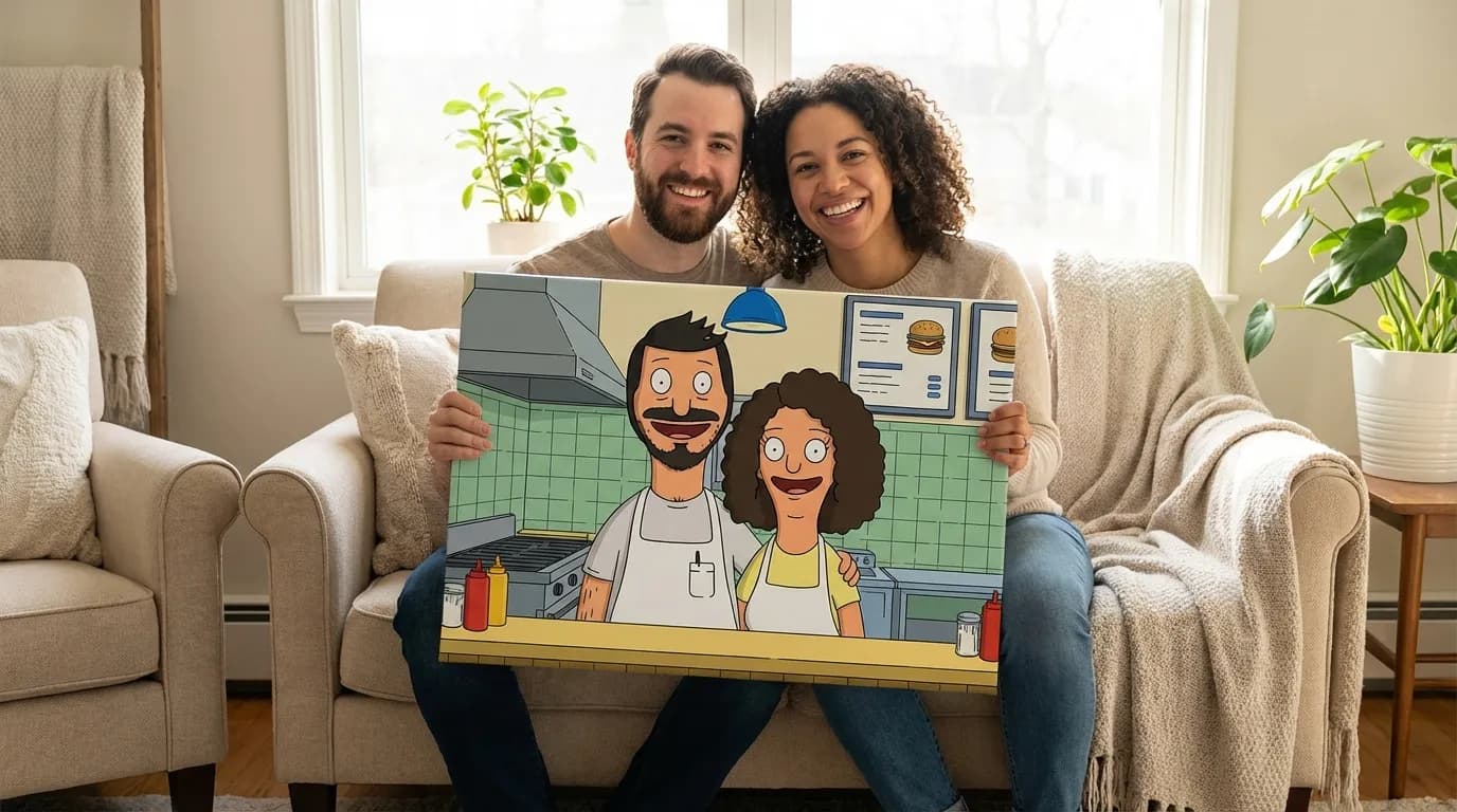 Happy couple holding their Bob's Burgers style couple portrait canvas