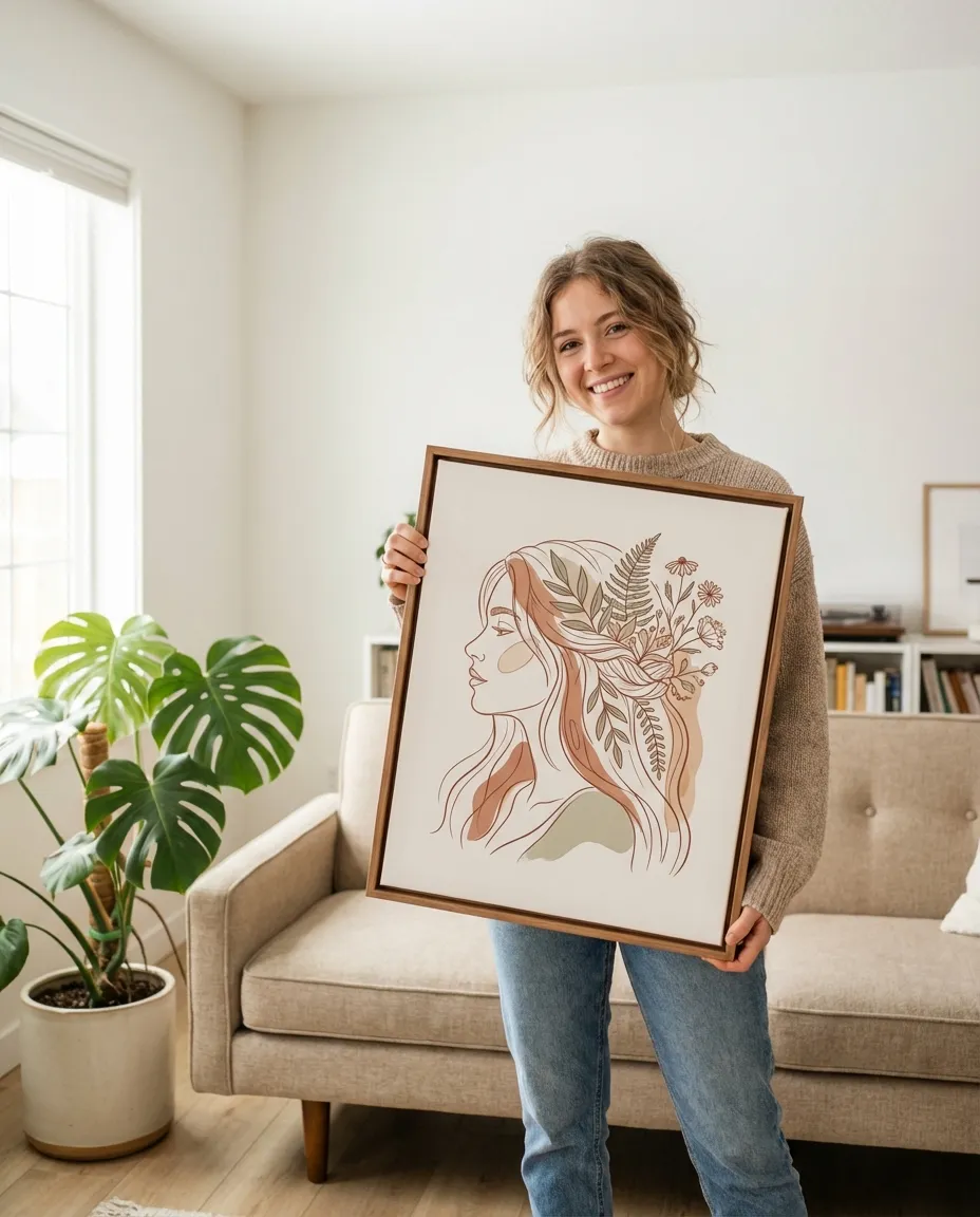 Boho line art portrait canvas in a styled room