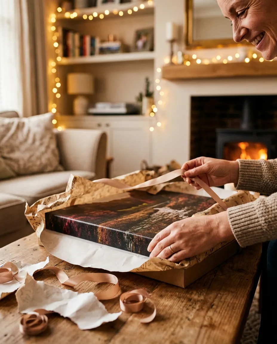 Unwrapping a canvas print gift