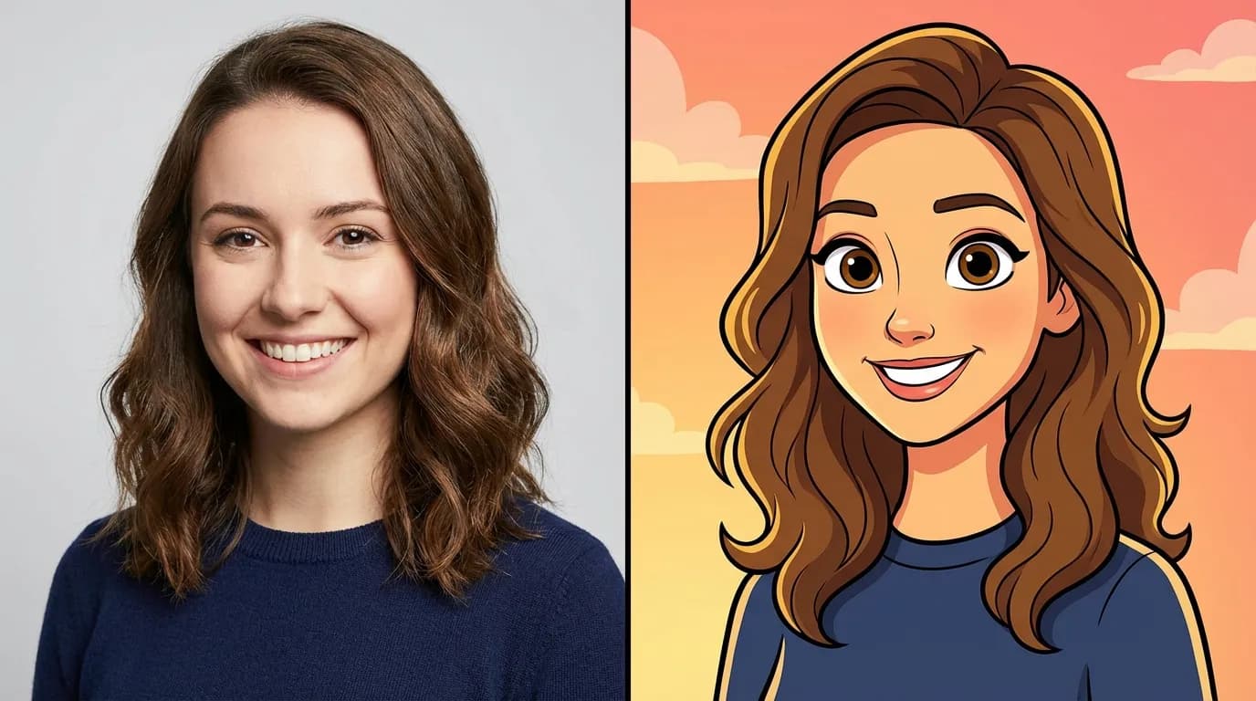 Before and after: photo transformed into a Disney-inspired cartoon portrait