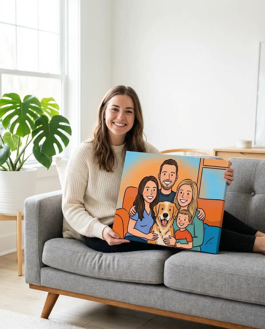 Woman holding her cartoon portrait canvas in a bright living room