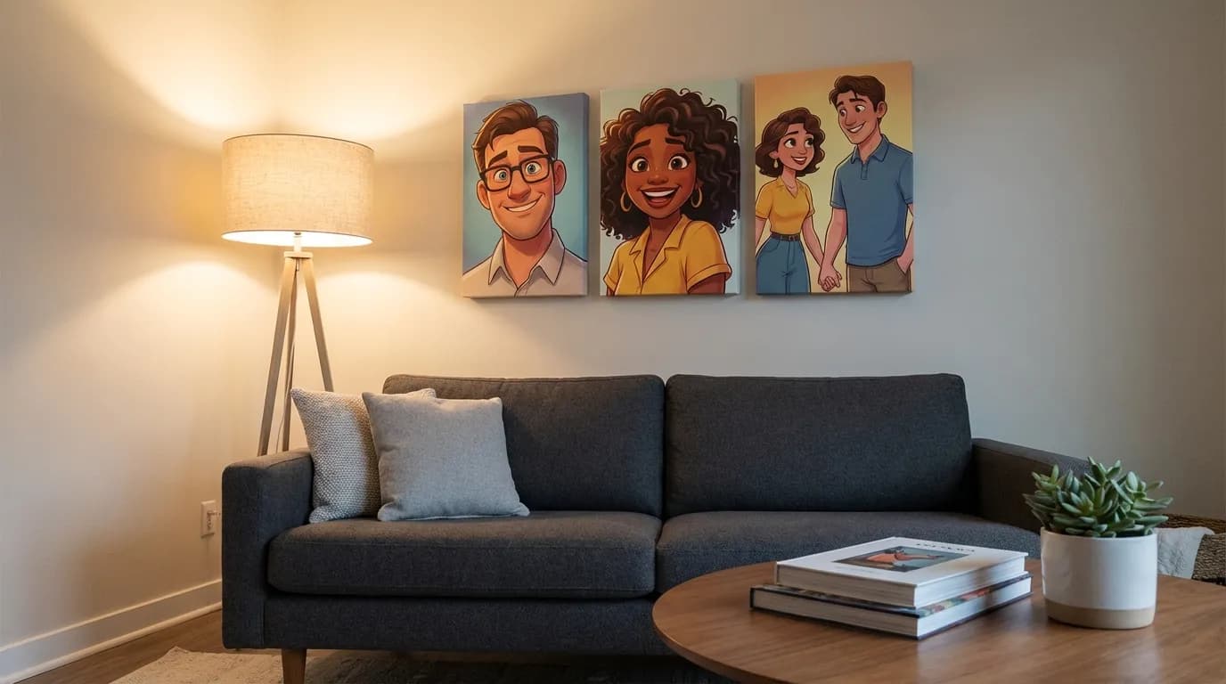 Gallery wall with cartoon portrait canvas prints in a modern living room