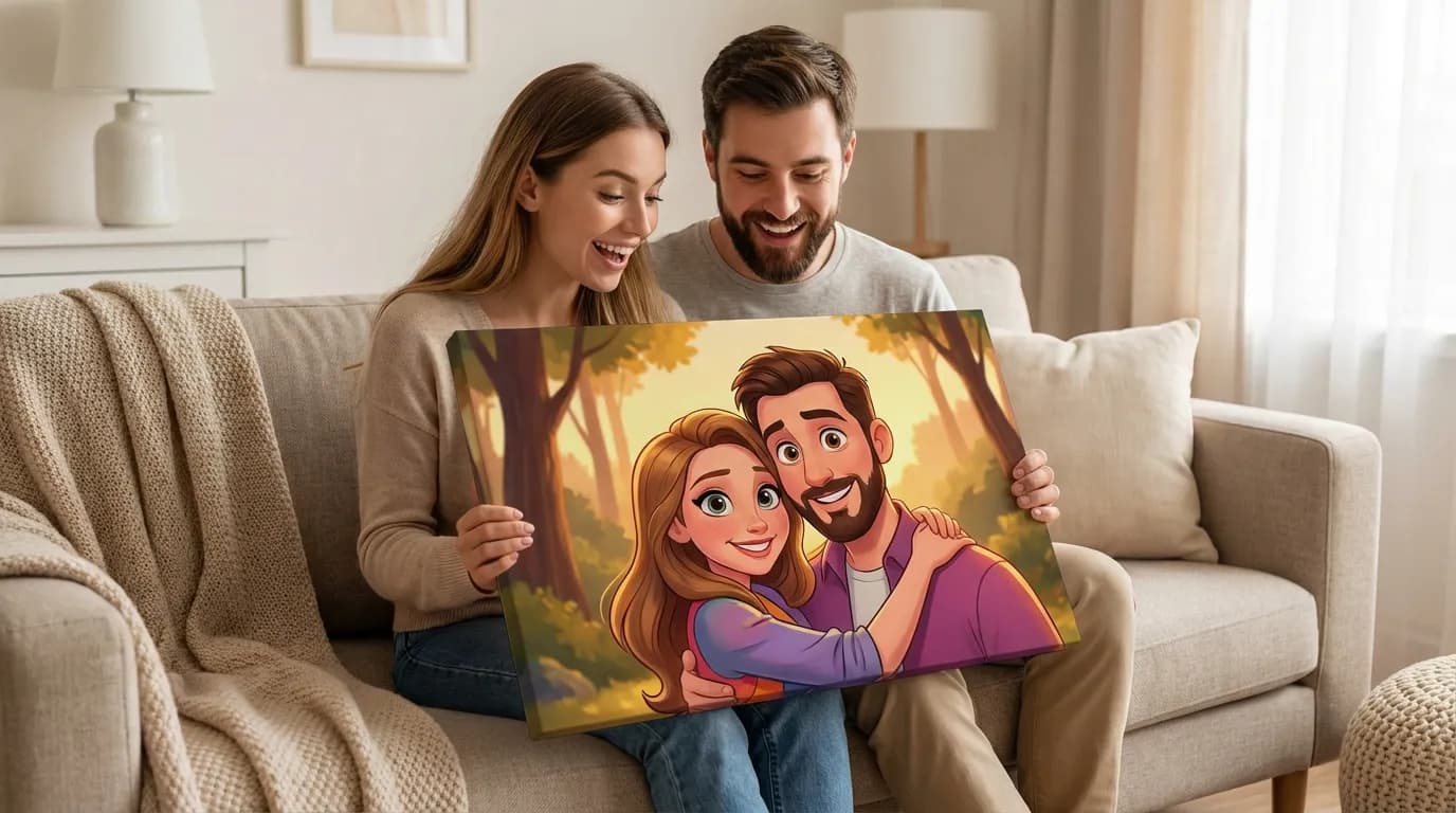 Happy couple holding their cartoon couple portrait canvas
