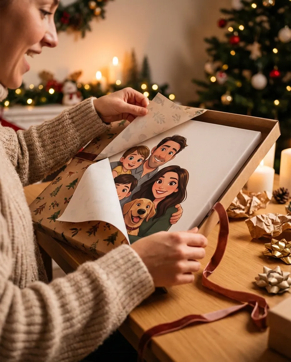 Person unwrapping a gift to reveal a cartoon portrait canvas