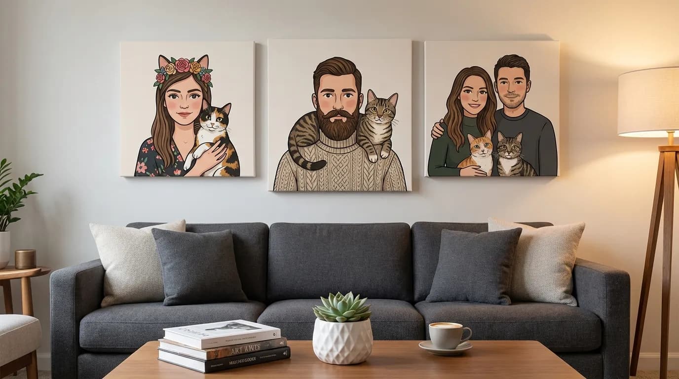 Gallery wall with cat portrait canvas prints