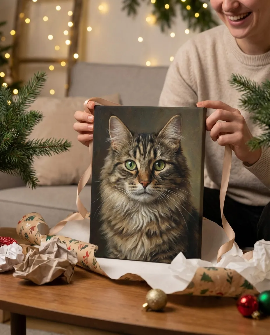 Unwrapping a cat portrait canvas gift