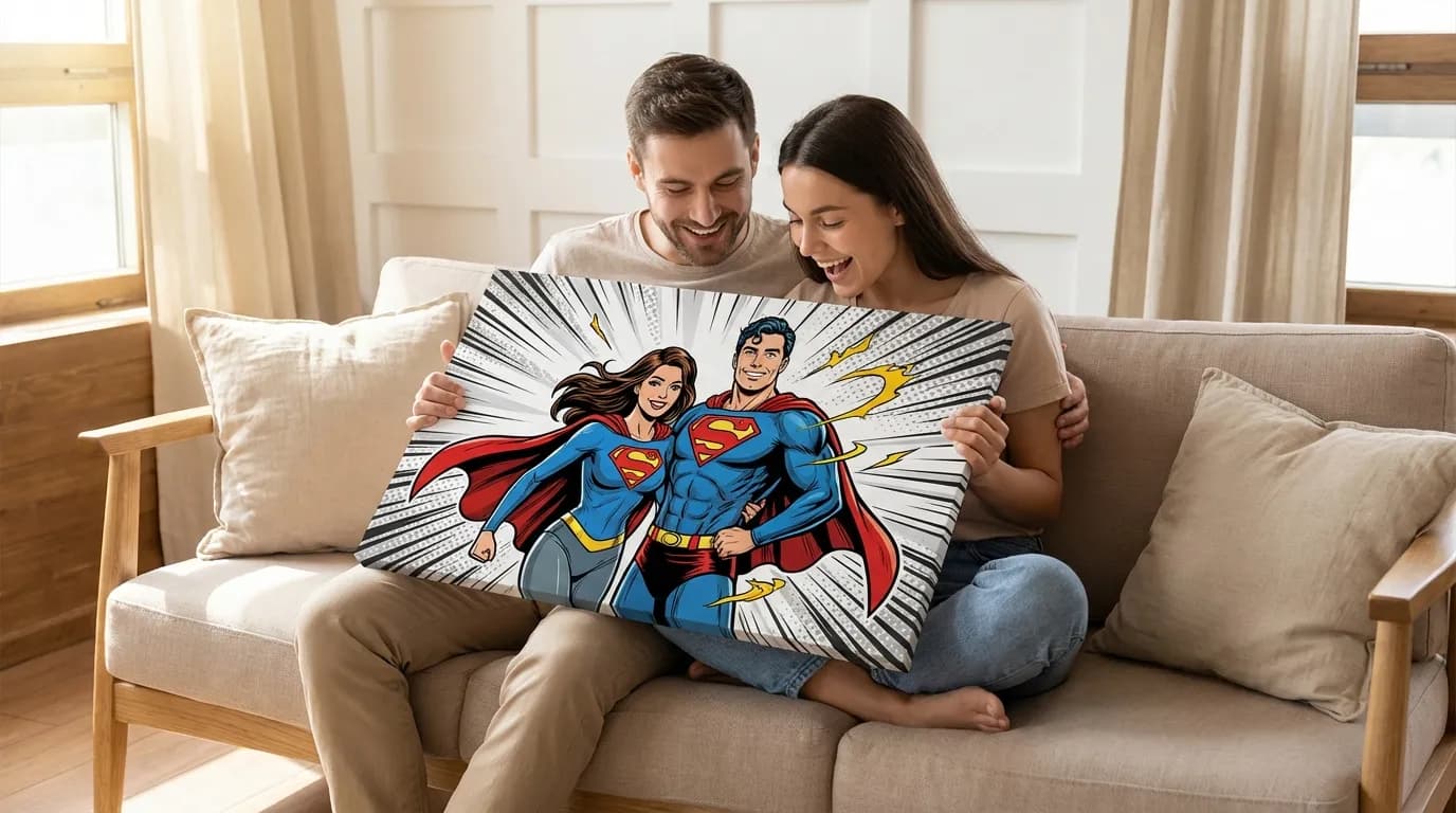 Couple posing with their comic book superhero duo portrait canvas