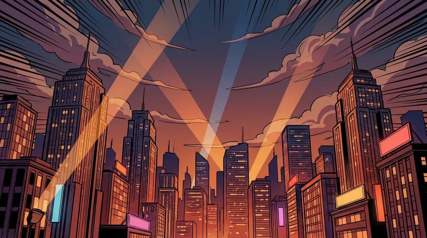 Dynamic comic book style cityscape background with bold colours
