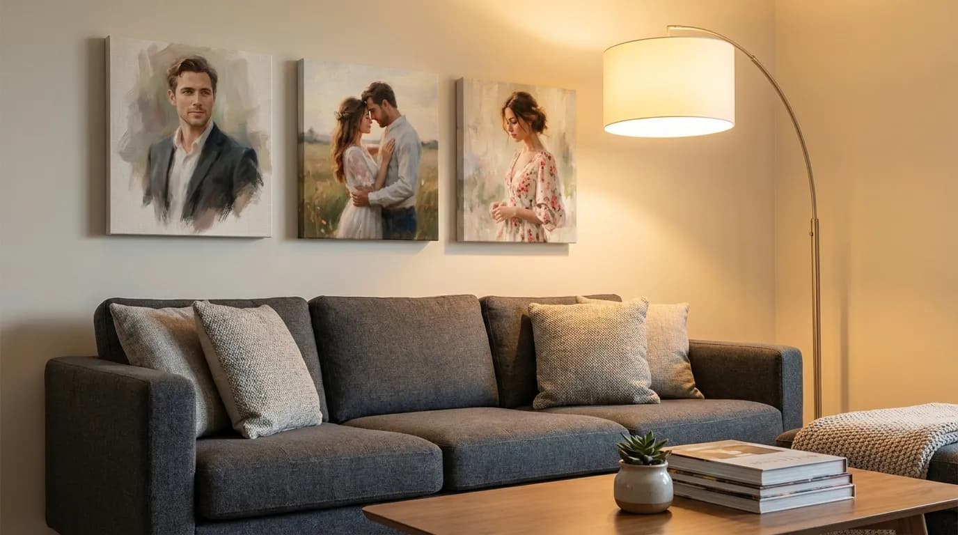 Gallery wall with couple portrait canvas prints