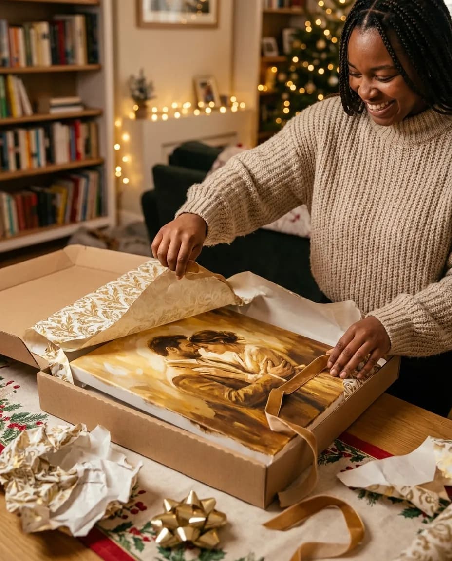 Unwrapping a couple portrait canvas gift