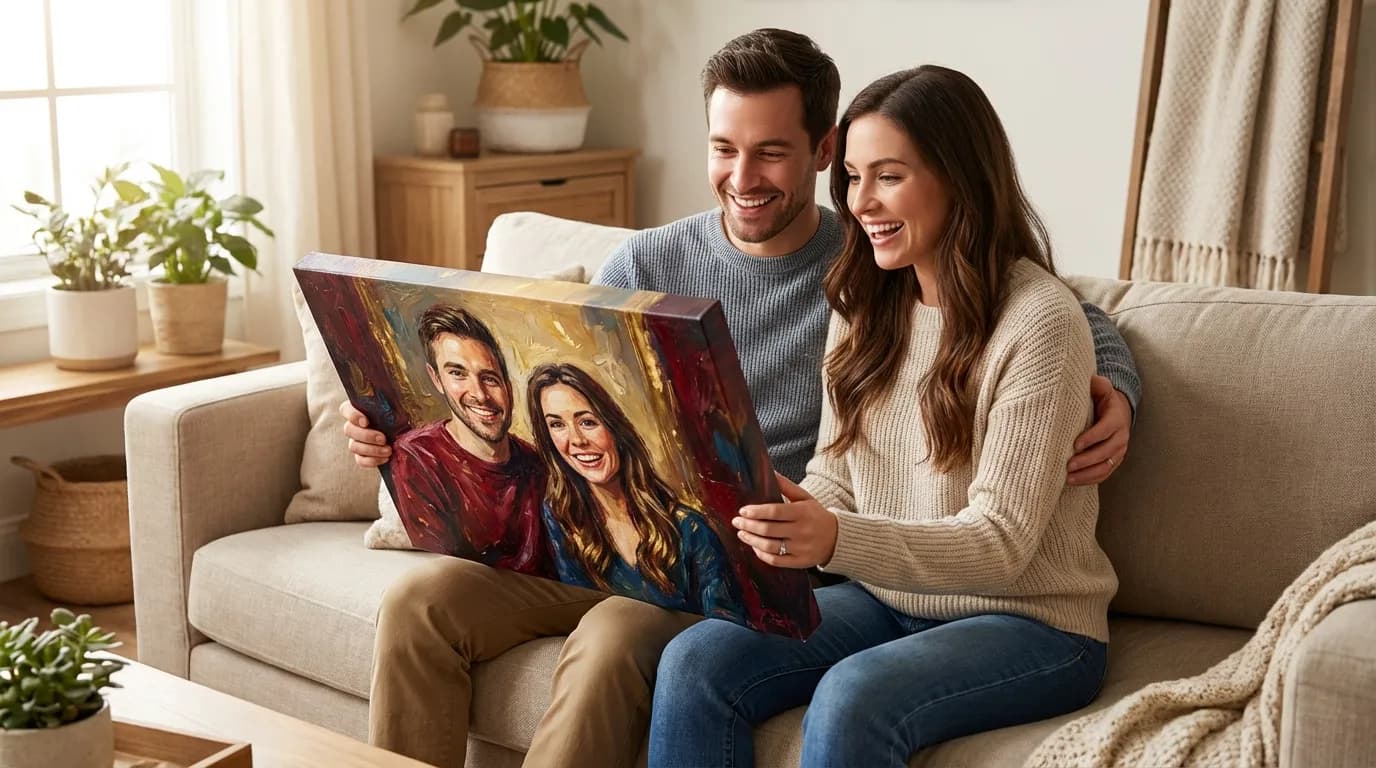 Happy couple holding their custom couple portrait canvas