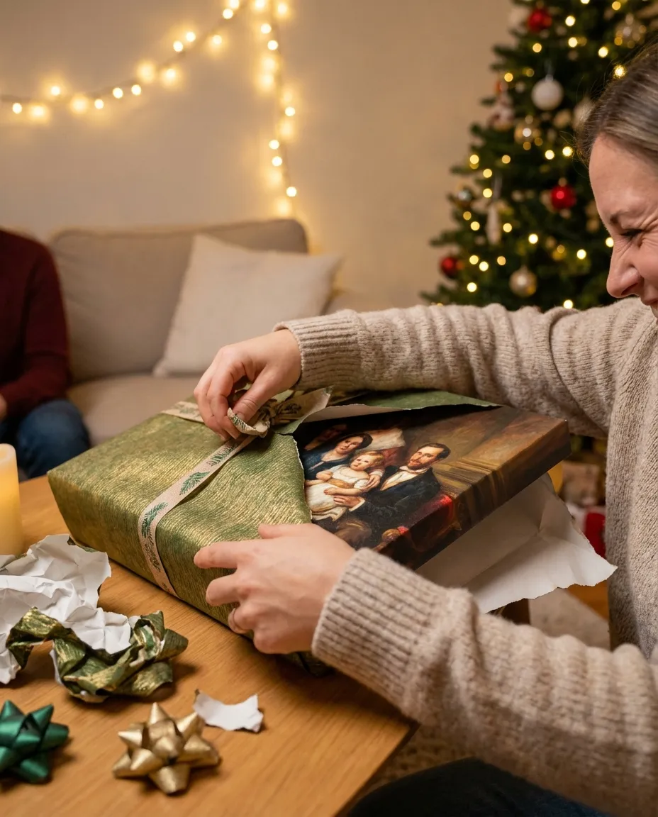 Person unwrapping a gift to reveal a custom portrait canvas