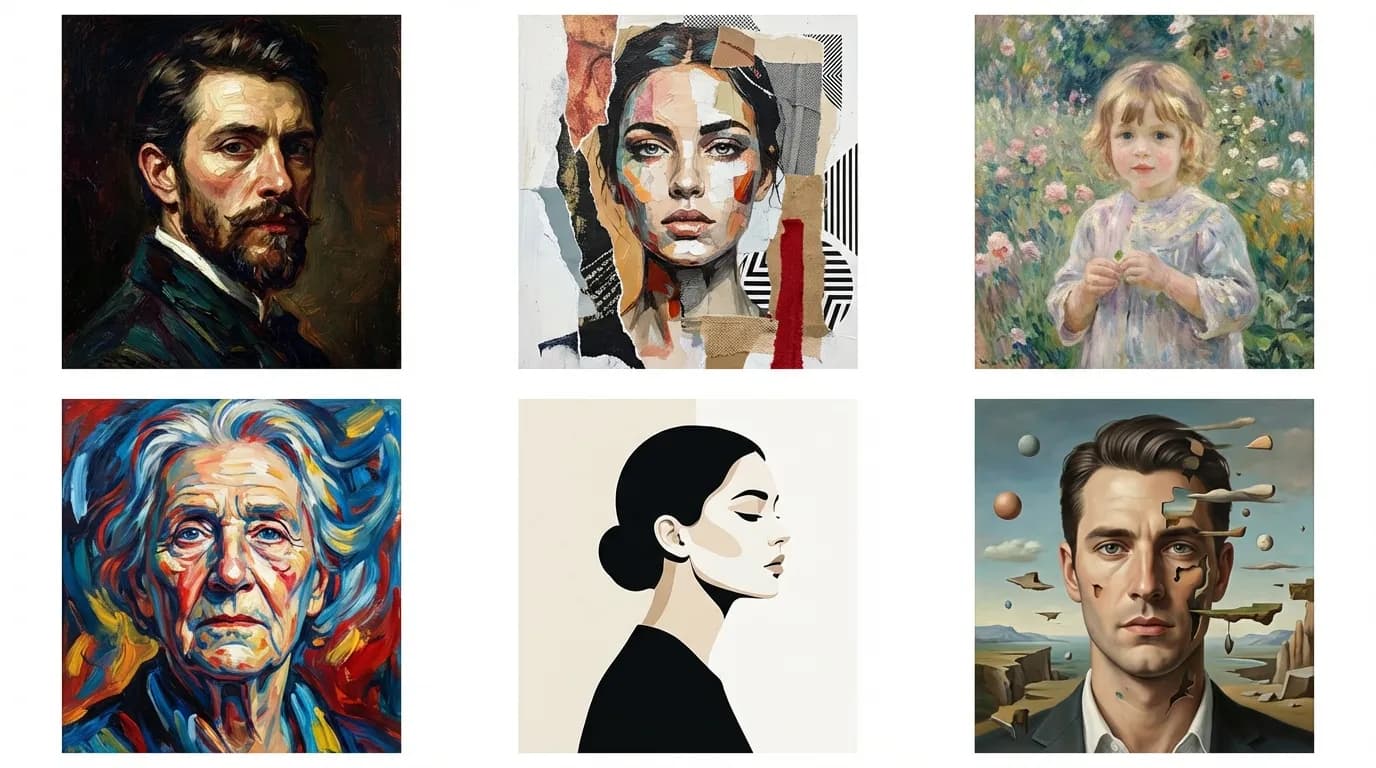 Six custom portrait styles: oil painting, watercolour, pencil sketch, anime, pop art, and Disney