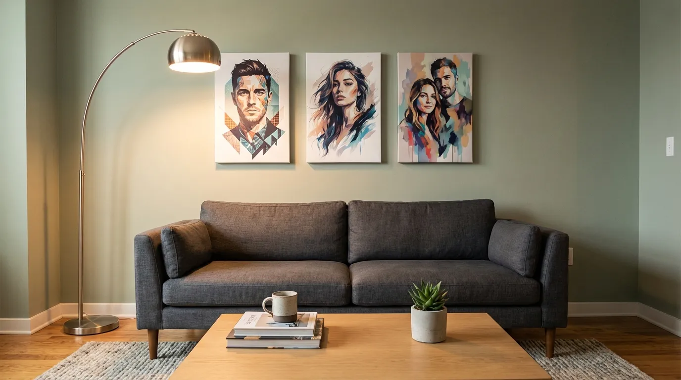 Gallery wall with digital portrait canvas prints in a modern living room