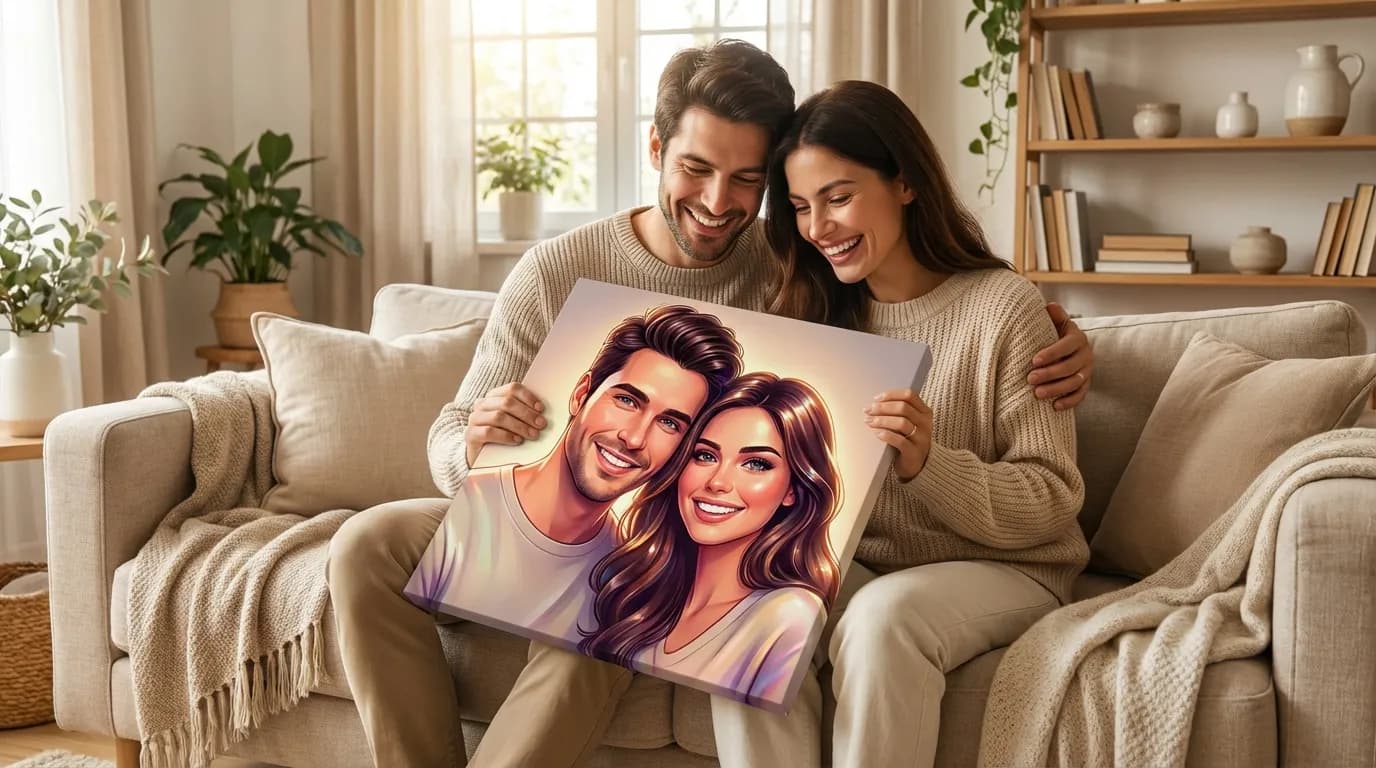 Happy couple admiring their digital couple portrait canvas on the wall