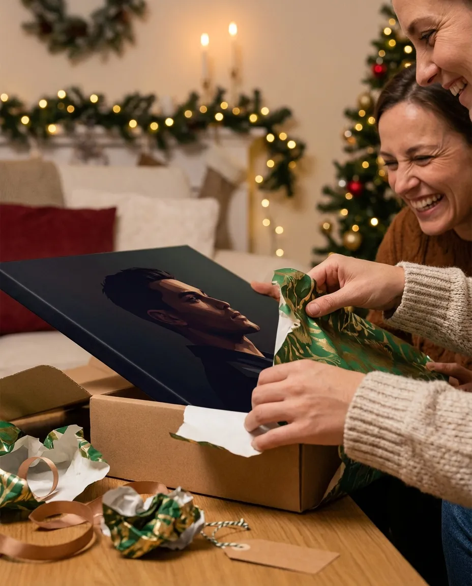 Person unwrapping a gift to reveal a digital portrait canvas