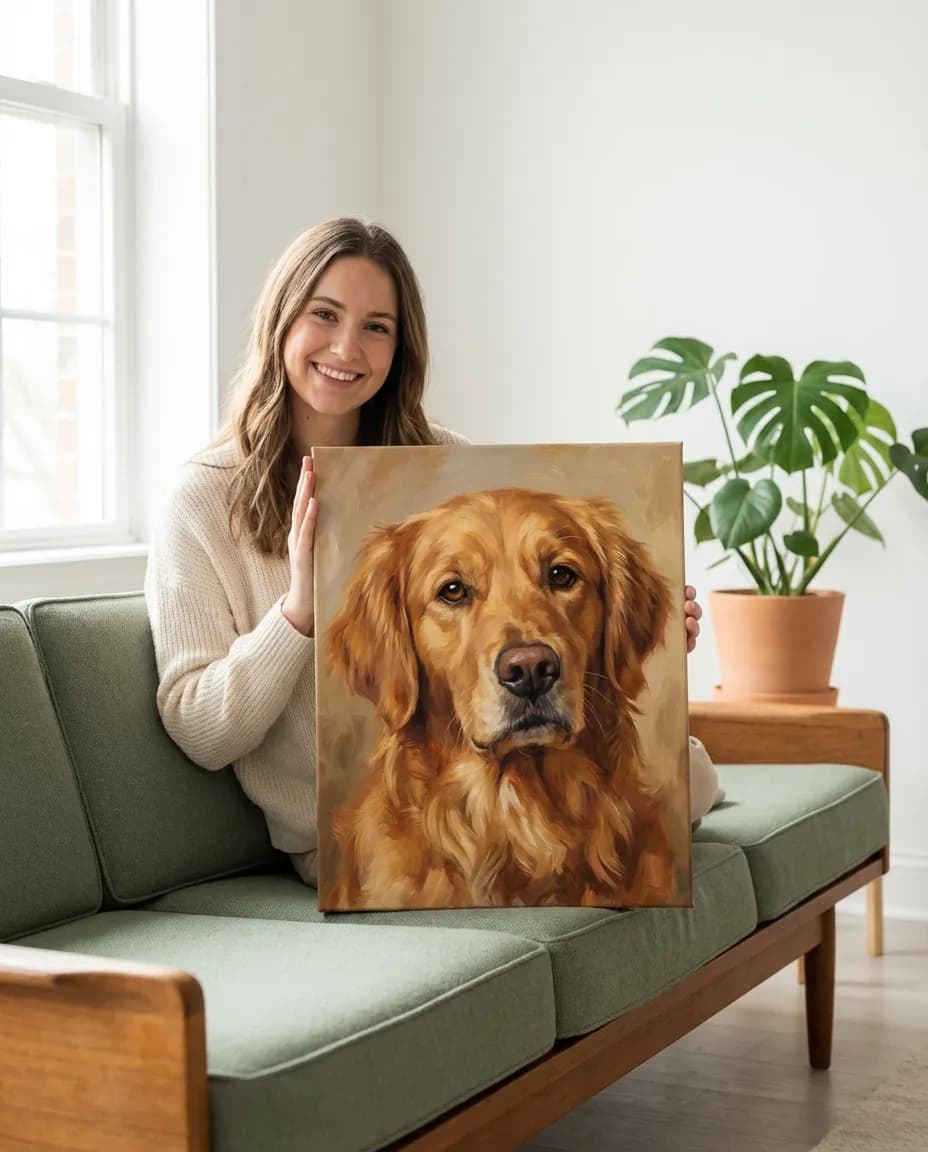 Dog portrait canvas in modern living room