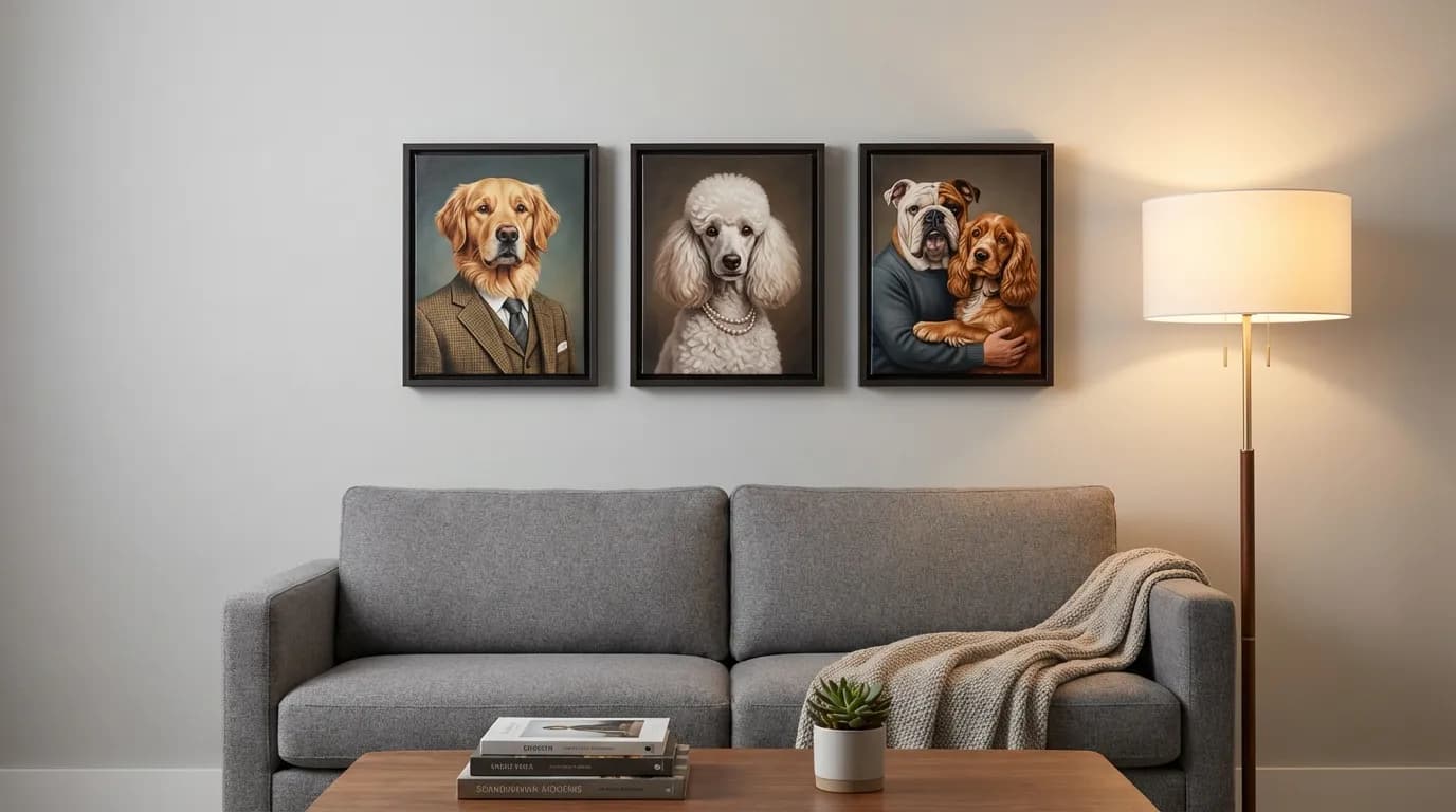 Gallery wall with dog portrait canvas prints