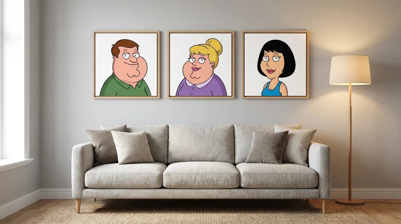 Gallery wall with three Family Guy portrait canvas prints in a modern living room