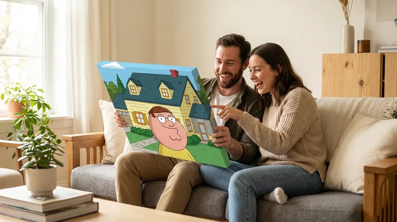Happy couple sitting on sofa holding their Family Guy couple portrait canvas