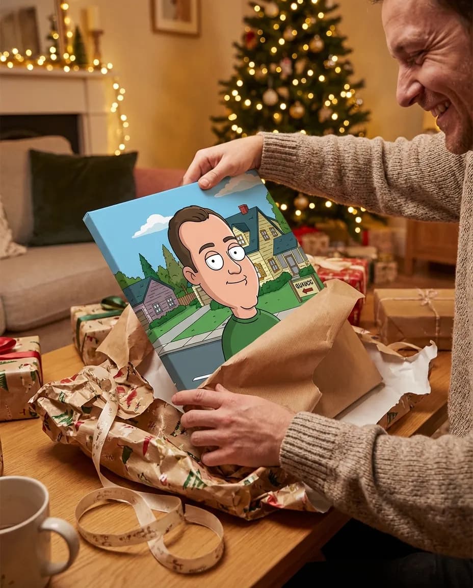 Person unwrapping a gift to reveal a Family Guy portrait canvas