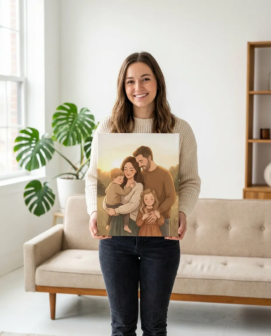 Family admiring their portrait canvas hanging on the living room wall