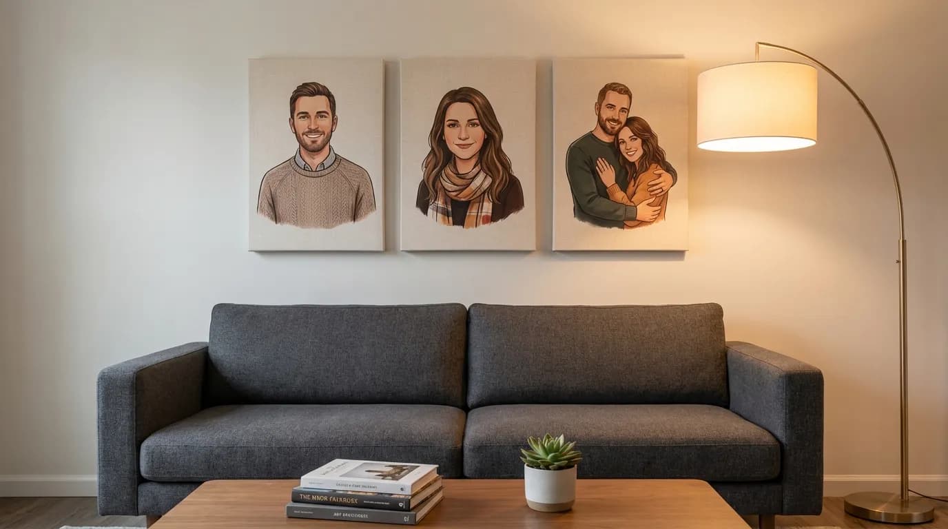 Gallery wall with family portrait canvas prints in a warm living room