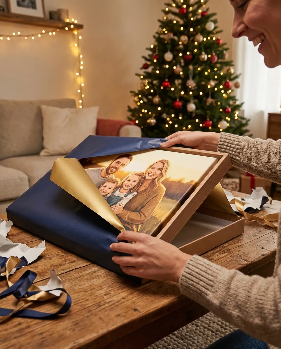 Person unwrapping a gift to reveal a family portrait canvas