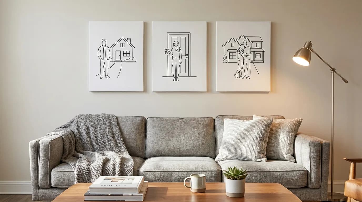Gallery wall with first home illustration