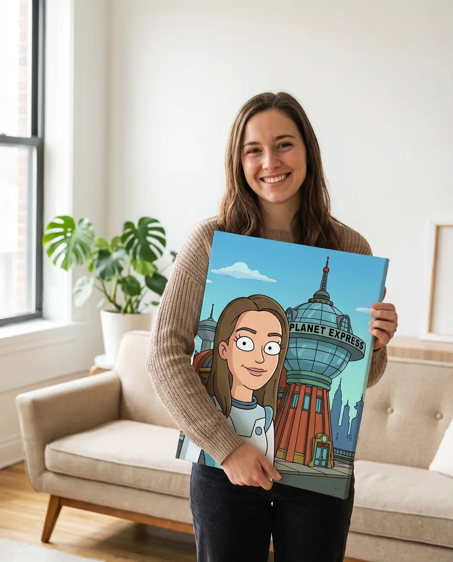 Person holding their Futurama portrait canvas in a modern living room