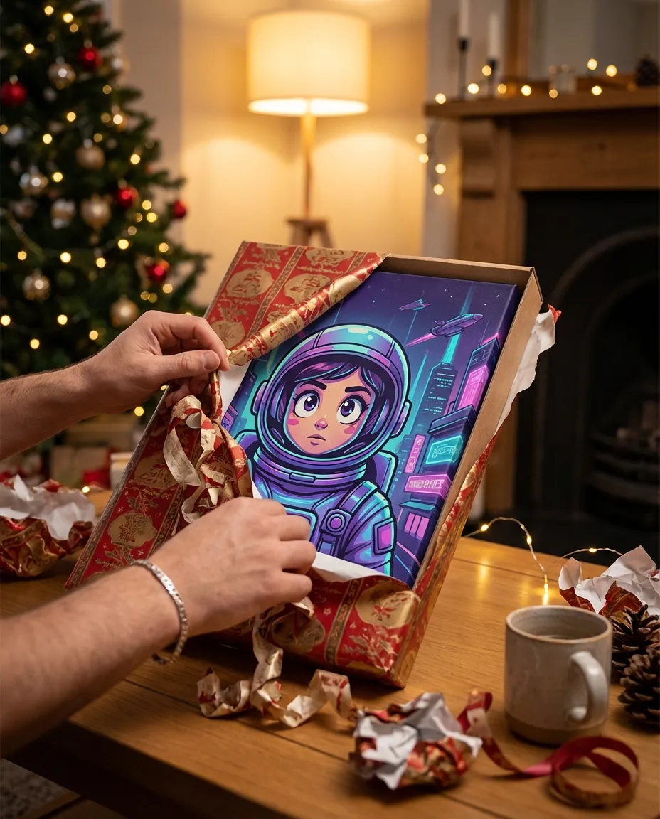 Person unwrapping a gift to reveal a Futurama portrait canvas