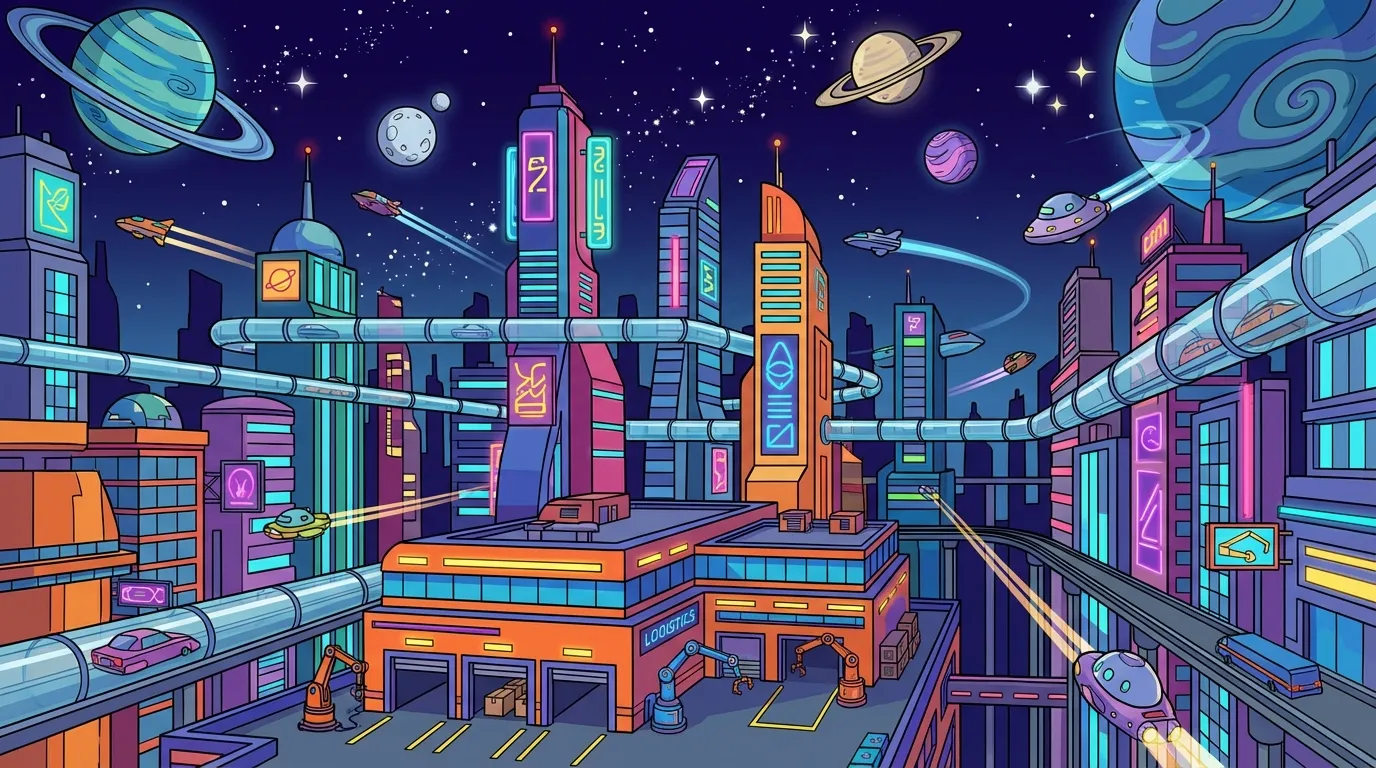 Futurama style New New York cityscape background with tubes and flying vehicles