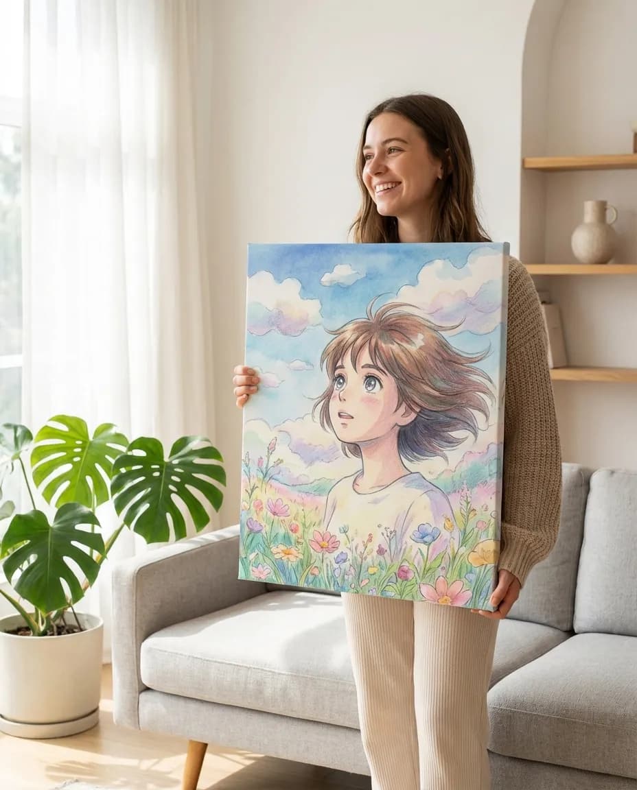 Ghibli style portrait canvas on a wall