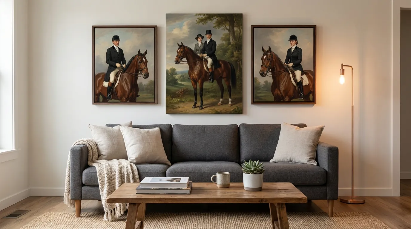 Gallery wall with horse portrait canvas prints
