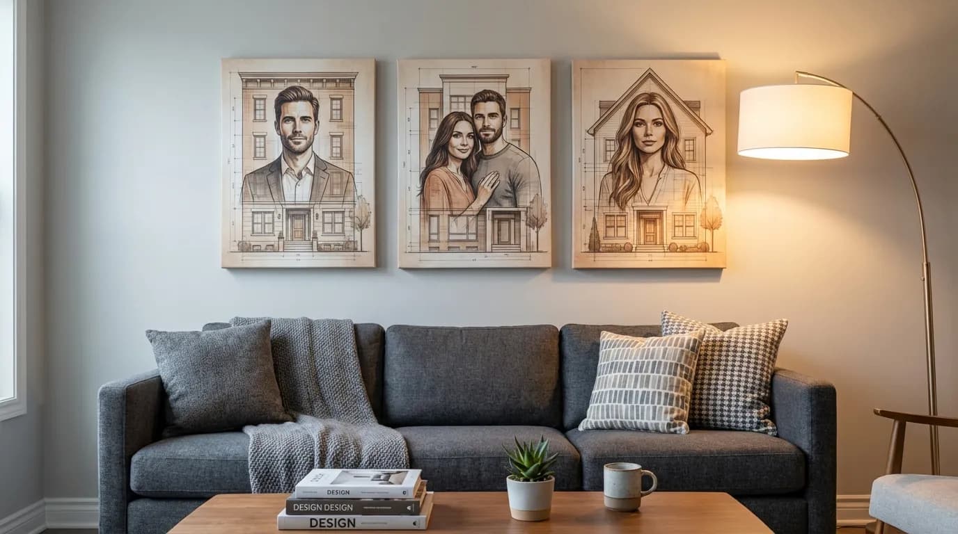 Gallery wall with house portrait