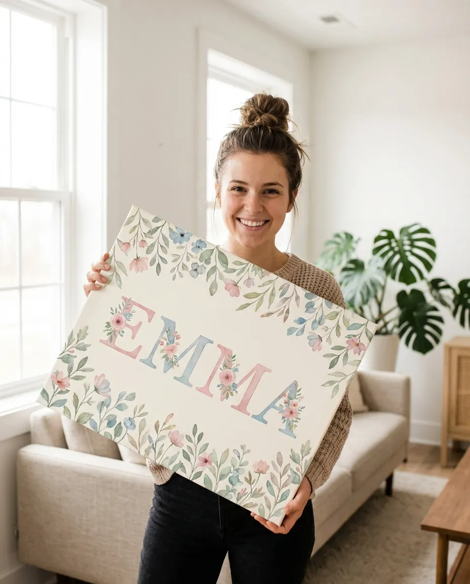 Nursery name print canvas in a baby room