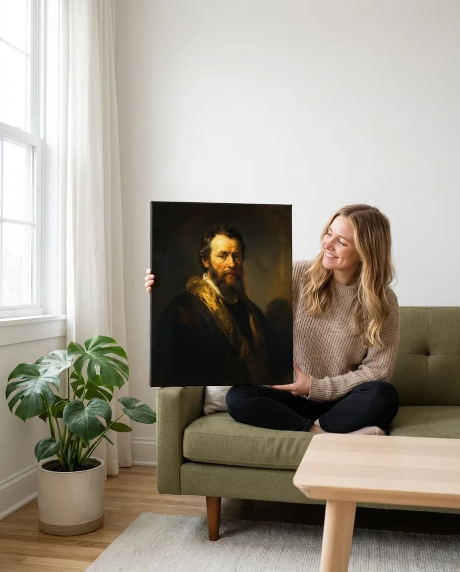 Oil painting portrait canvas above a fireplace