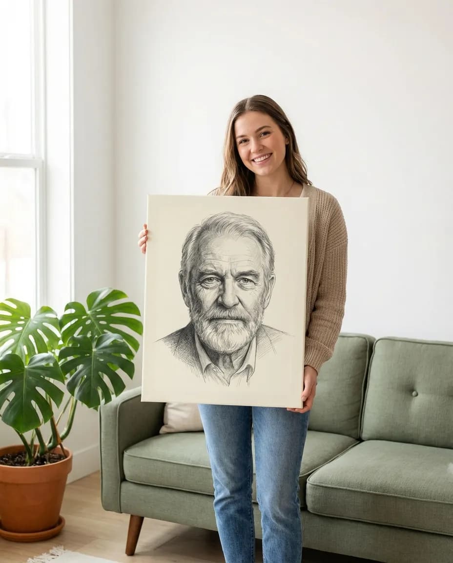 Pencil sketch portrait canvas in a home