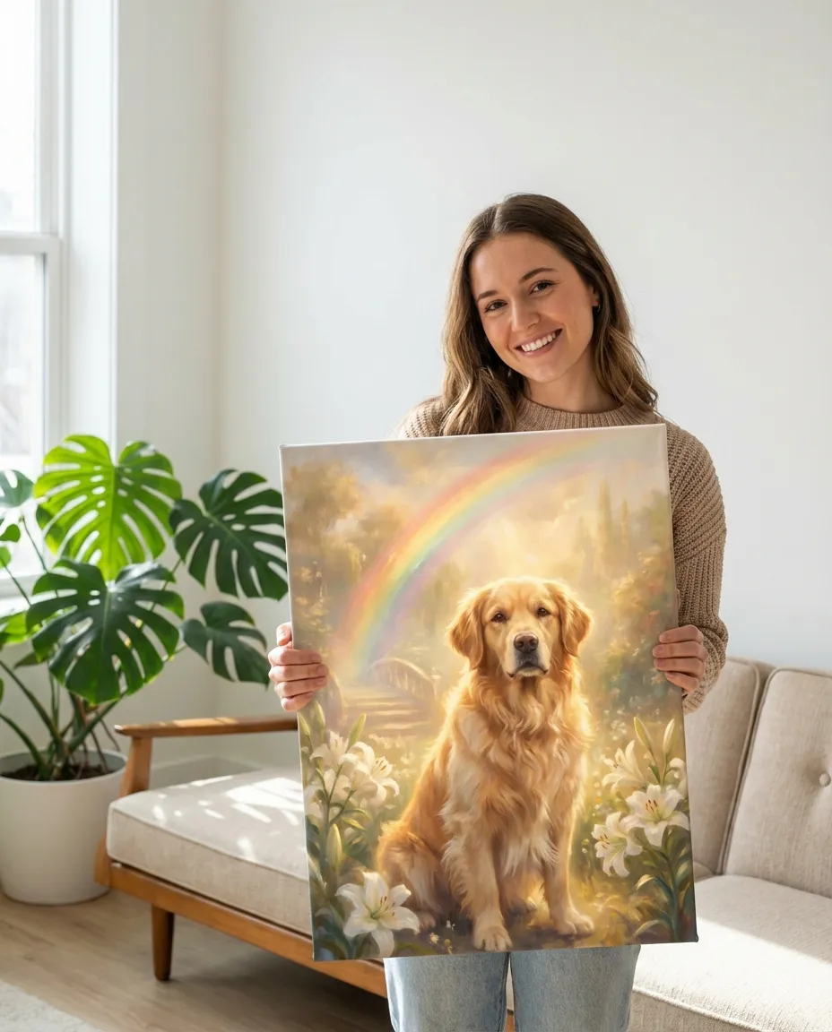 Pet memorial portrait canvas in modern living room