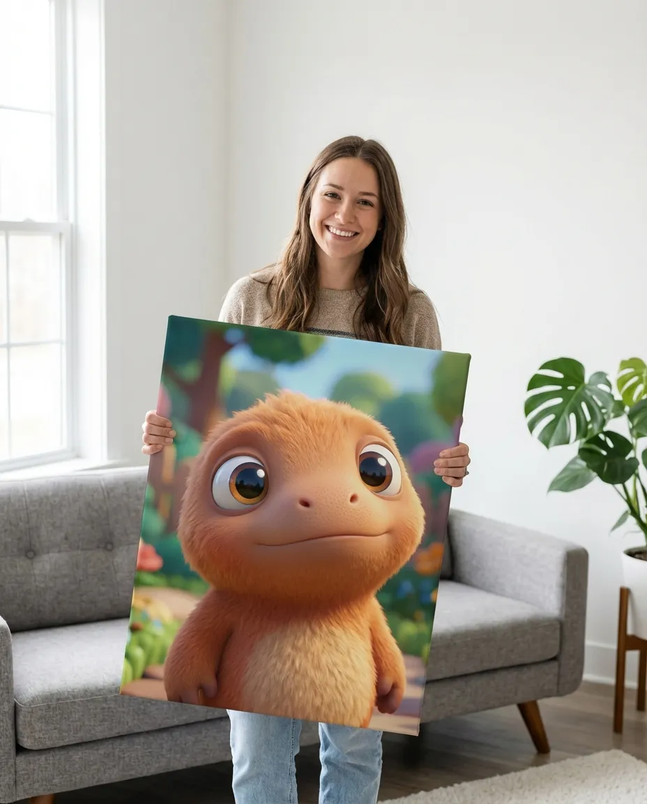 3D animated portrait canvas in a styled room