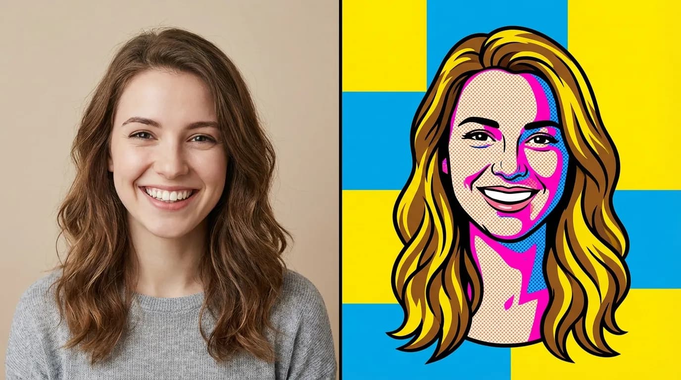Before and after: photo transformed into bold Warhol-style pop art portrait