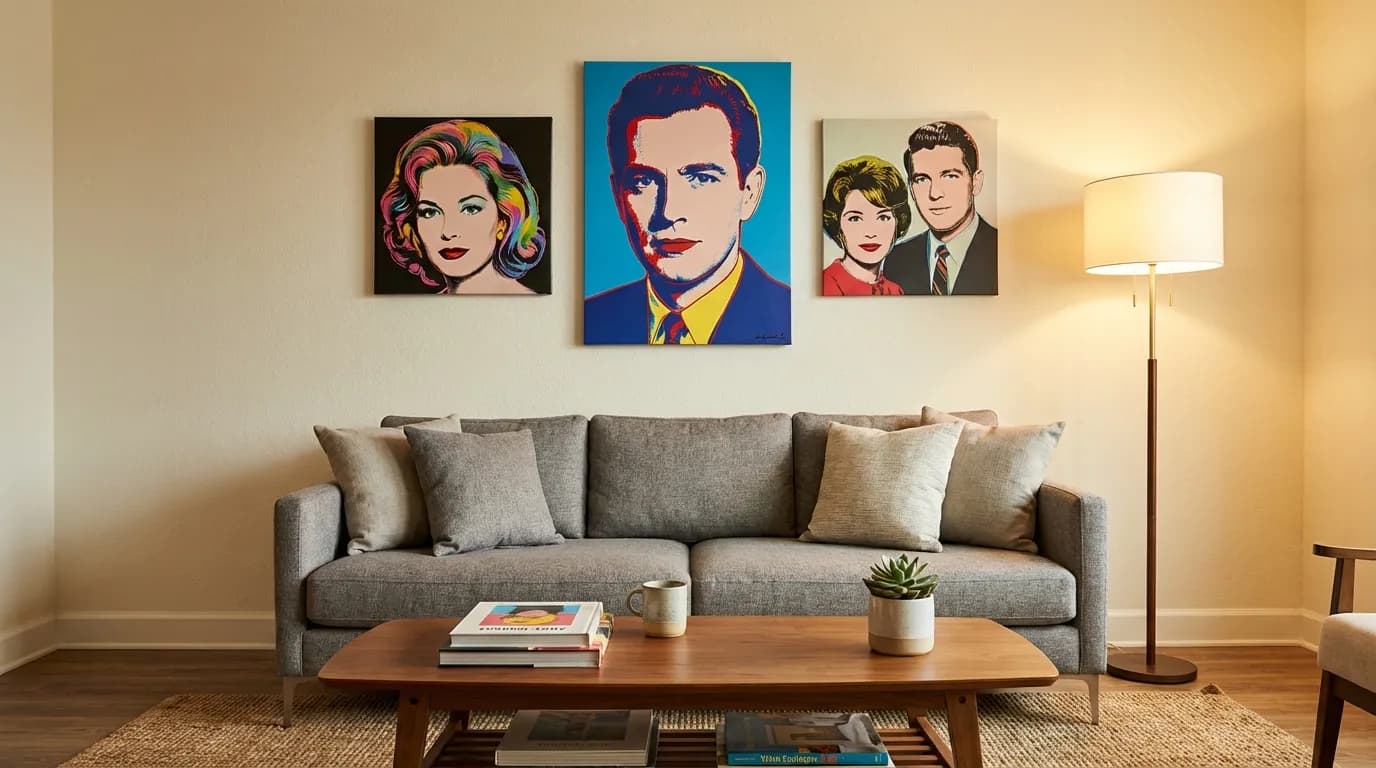 Gallery wall with pop art portrait canvas prints in a modern interior