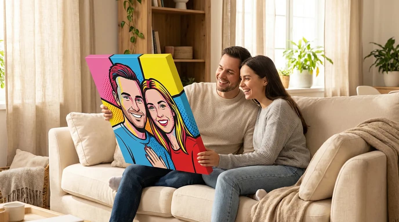 Couple sitting together holding their pop art couple portrait canvas