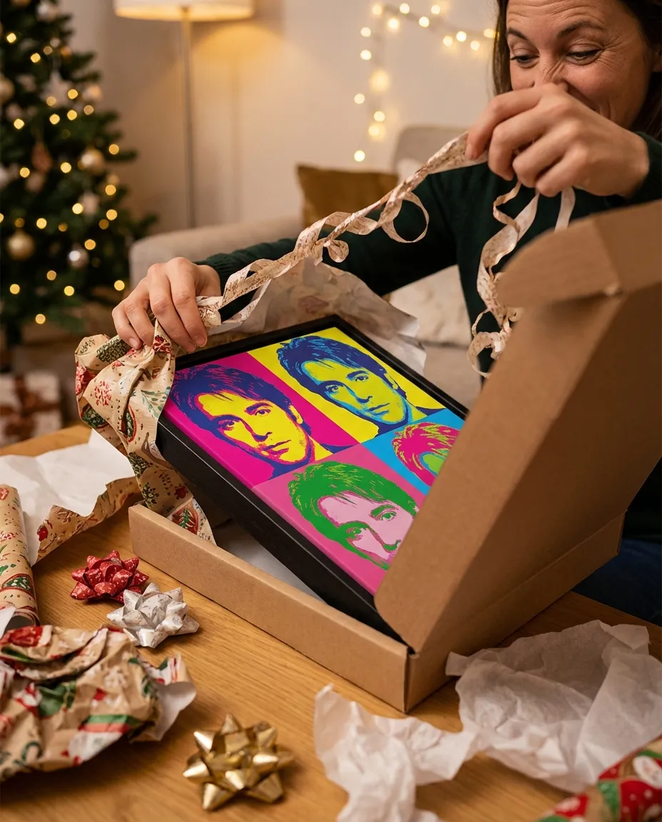 Person unwrapping a gift to reveal a pop art portrait canvas